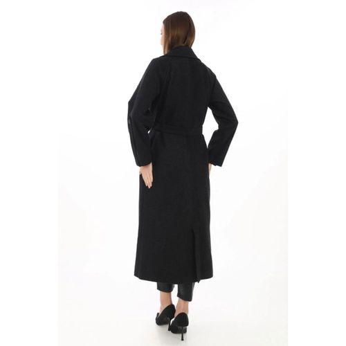 Uzun Kaşe Kaban – Yünlü Dokuma Kaşmir Kumaş, Kruvaze Yaka, Kuşaklı Astarlı Tesettür Uyumlu Şık Kışlık Siyah Model - Siyah