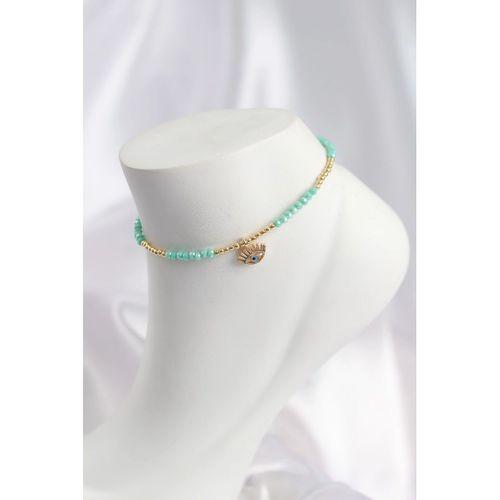 Su Yeşili Renk Boncuklu Nazarlı Göz Figürlü Halhal