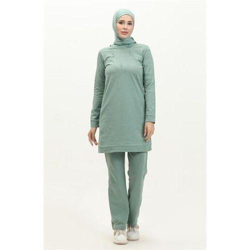 Taşlı Çizgi Desenli Bisiklet Yaka Uzun Tunik Sade Basic Eşofman Spor Takımı - 03048.100 - Çağla Yeşili