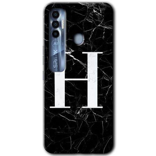 Tecno Spark 7 Pro Kılıf HD Desen Baskılı Arka Kapak - Siyah Mermer Desenli H Harfi + Kırılmaz Cam
