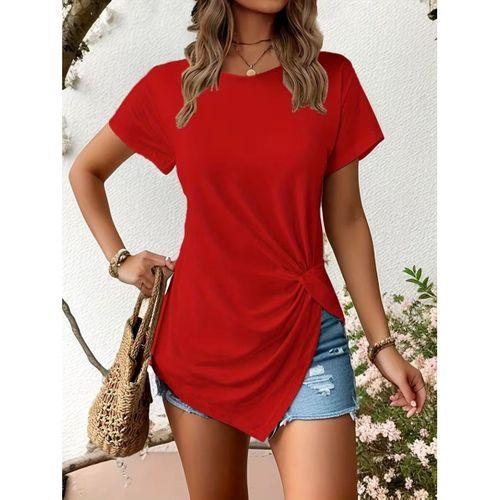 Kadın Kısa Kollu Bisiklet Yaka Asimetrik Kesim Detaylı Viskon Bluz