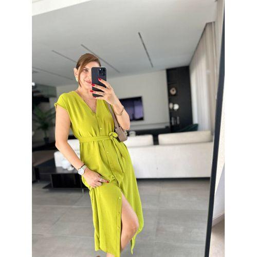 Kadınn V Yaka Düğme Detay Kuşak Dahil Elbise
