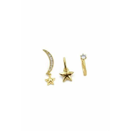 3'lü Taşlı Halka Küpe - Altın