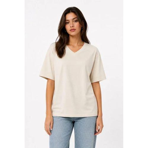 V Yaka Basic Tişört Kısa Kol Yazlık Regular Fit T-Shirt - Bej