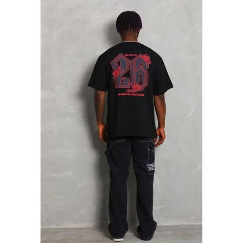 Erkek Baskılı Tişort Kısa Kol Bisiklet Yaka Ovarsize T-Shirt - Siyah