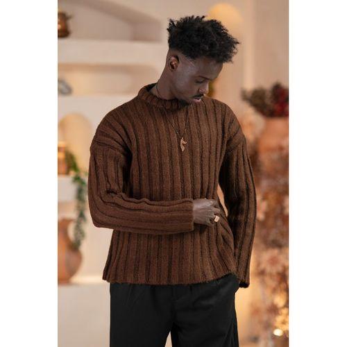 Oversize Kendinden Çizgili Pamuklu Kalın Triko Spor Kazak