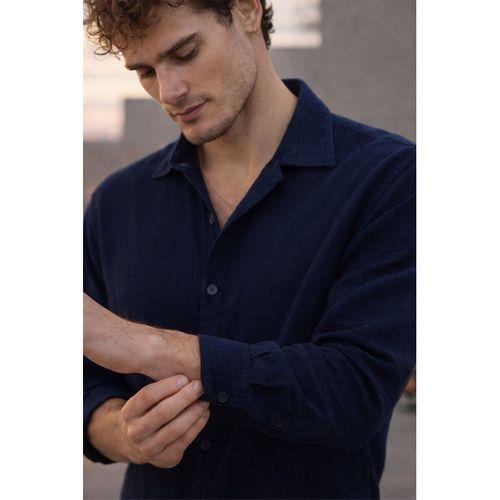 Apaş Yaka Oversize Müslin Kumaş Gömlek - Lacivert