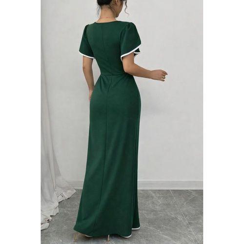 Kadın Kısa Kollu Kare Yakalı önden çapraz Kesim Detaylı Krep Elbise