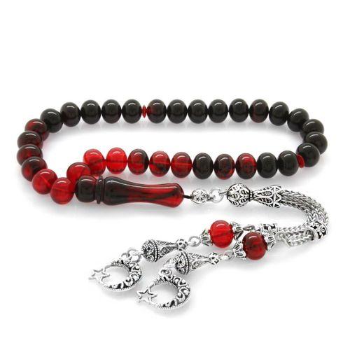 Nipora Kararmaz Metal Ayyıldız Püsküllü Tekerlek Kesim Süzme Kırmızı-Siyah Ateş Kehribar Tesbih