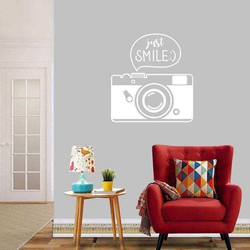 Just Smile Yazılı Fotoğraf Makinesi Dekoratif Duvar Sticker, Çıkartma, Etiket