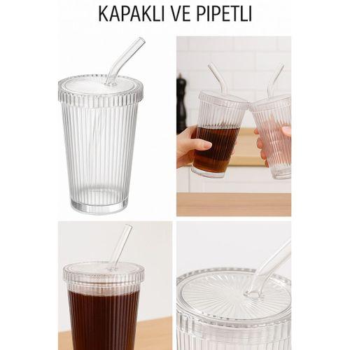 4 Adet Latte Kapaklı Pipetli Kristal Desen Fenomen Bardak Soğuk Kahve, Smoothie, İçecek Bardağı