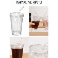 4 Adet Latte Kapaklı Pipetli Kristal Desen Fenomen Bardak Soğuk Kahve, Smoothie, İçecek Bardağı