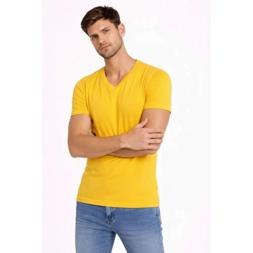 Erkek T-Shirt V Yaka Slim Fit Dar Kesim Likralı Tişört Günlük Basic Body - Limon