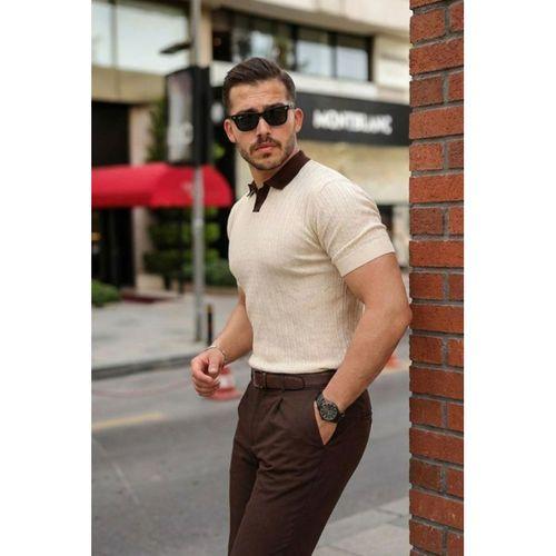 Erkek Yaka Detaylı Desen Dokulu Triko Tişört
