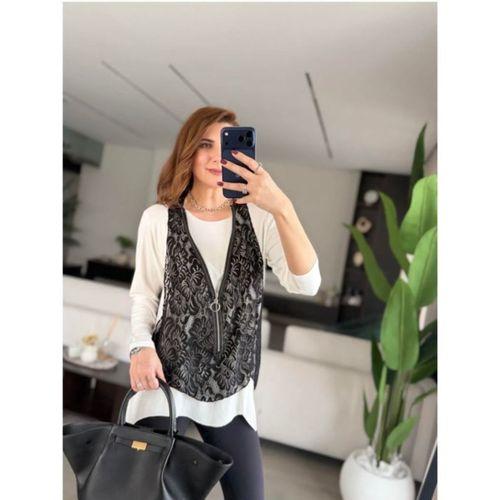 Kadın Uzun Kollu Asimetrik Kesim Bluz Ve Dantel Güpür Transparan Detay Fermuarlı Yelek Ikili Takım