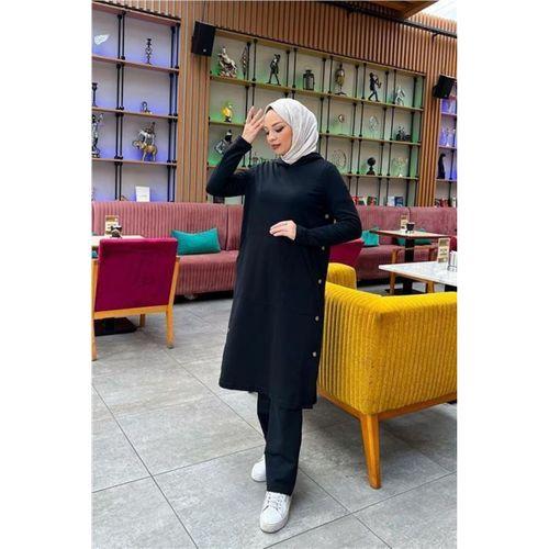 Kapşonlu Yandat Çıtçıtlı Sade Basic Uzun Tunik ve Pantolon İkili Spor Takım - 03071.003 - Siyah