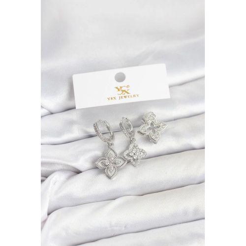 Pirinç Gümüş Renk Yonca Model YSX Trio Küpe Seti