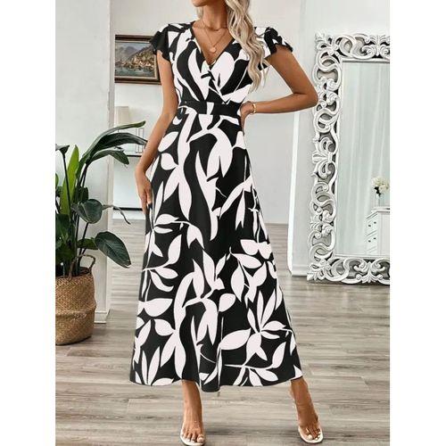 Kadın Kısa Kelebek Kollu Kruvaze Yaka Desenli Süprem Elbise