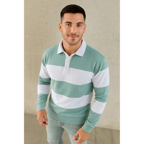 Erkek Polo Yaka Uzun Kollu Çizgili Sweatshirt Trend Rugby Stil - Çağla Yeşili