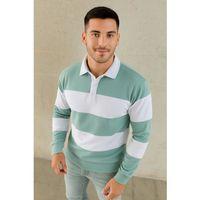 Erkek Polo Yaka Uzun Kollu Çizgili Sweatshirt Trend Rugby Stil - Çağla Yeşili