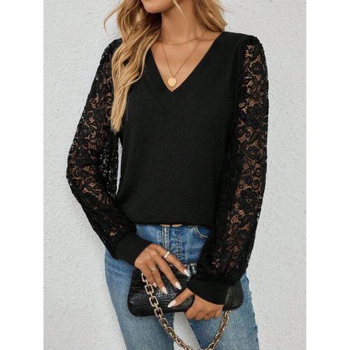 Kadın Uzun Kollu V Yakalı Dantelli Viskon Iki Iplik Bluz