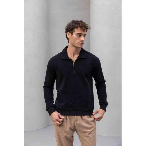 Eric Relax Fit Yarım Fermuarlı Polo Yaka Selanik Kumaş Erkek Sweatshirt - Siyah