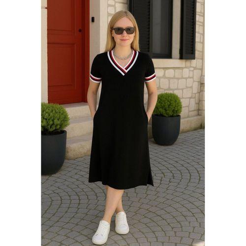 Kadın Kısa Kollu V Yaka Ribana Detay Midiboy Viskon Elbise