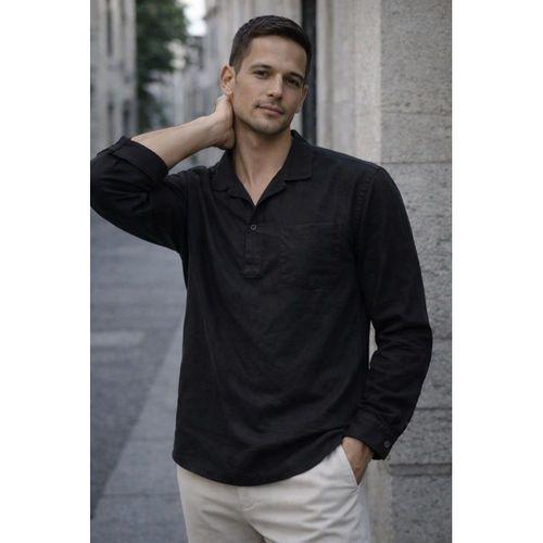 Sartre Apaş Yaka Tek Cepli İnce Modal Kumaş Uzun Kollu Yazlık Gömlek - Siyah