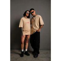 Erkek Oversize Tişört – Beyaz 24/1 Penye Kumaş, Bisiklet Yaka, Ön - Arka Baskılı, Streetwear Tarzı Rahat Büyük Kalıp T-Shirt - Bej