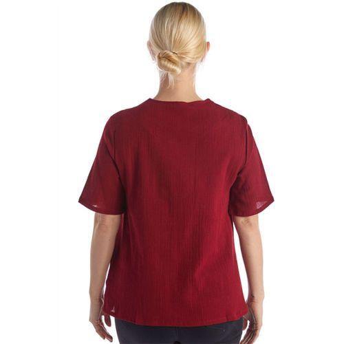 Şile Bezi Kısa Kol Bordo Nakışlı V Yaka Yazlık Otantik Bluz