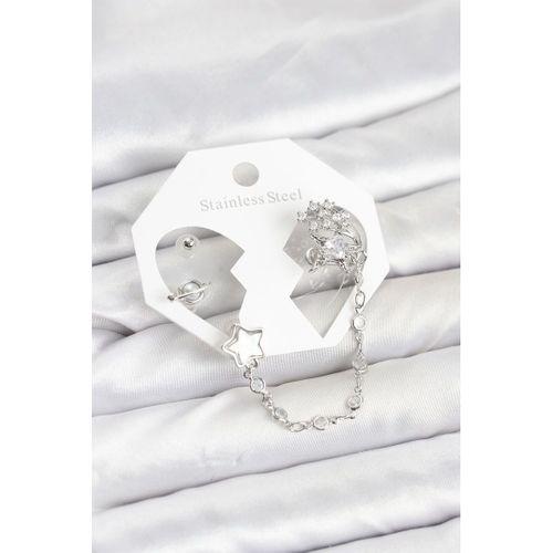 Pirinç Gümüş Renk Yıldız Model Zincir Bağlantılı Ear Cuff Küpe Seti