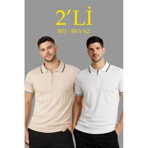 Erkek Dokuma Triko Tişört Fermuar Yakalı Yazlık Kısa Kol T-Shirt 2’li Set Bej-Beyaz