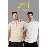 Erkek Dokuma Triko Tişört Fermuar Yakalı Yazlık Kısa Kol T-Shirt 2’li Set Bej-Beyaz