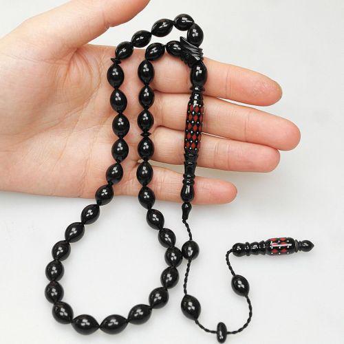 Oltu Taşı Oyma İmame ve Kırmızı Mine İşleme Sade Tespih