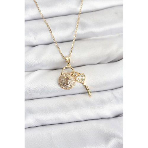 316L Çelik Zincir Gold Renk Kilit Anahtar Model Zirkon Taşlı Kadın Kolye