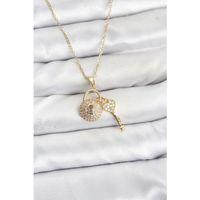 316L Çelik Zincir Gold Renk Kilit Anahtar Model Zirkon Taşlı Kadın Kolye