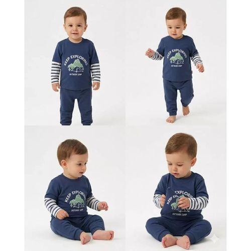 6/24 Ay Çizgili Kol Detaylı Baskılı Bebek Takımı