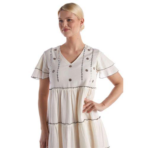 Kısa Kol Pullu Krem V Yaka Şile Bezi Yazlık Midi Boy Elbise