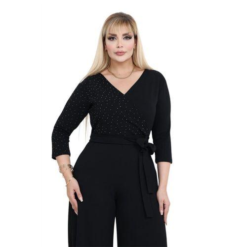 Melsay Butik Modal Kruvaze Yaka Siyah Taş Baskılı Büyük Beden Tulum
