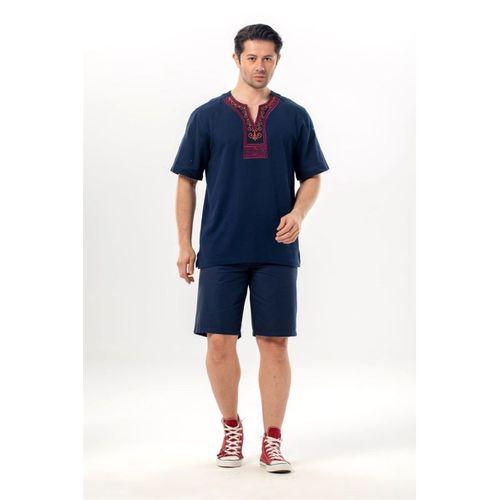 Kısa Kol Şile Bezi Bisiklet Yaka Etnik Erkek Yazlık T-shirt Lacivert Lcvt