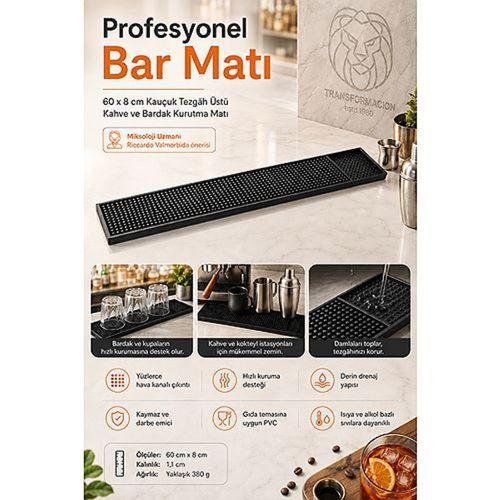 Profesyonel Bar Matı 60x8 cm Kauçuk Tezgah Üstü Kahve ve Bardak Kurutma Matı Siyah Kaymaz Bar Lastiği 723463