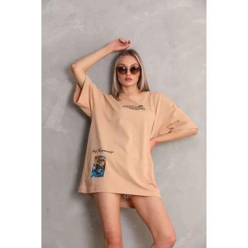 Pilelistore Unisex Bisiklet Yaka Baskılı Oversize T-Shirt - Bej