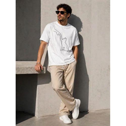 Erkek Minimal Kedi Çizim Baskılı Tişört Kısa Kol Yazlık T-Shirt - Beyaz