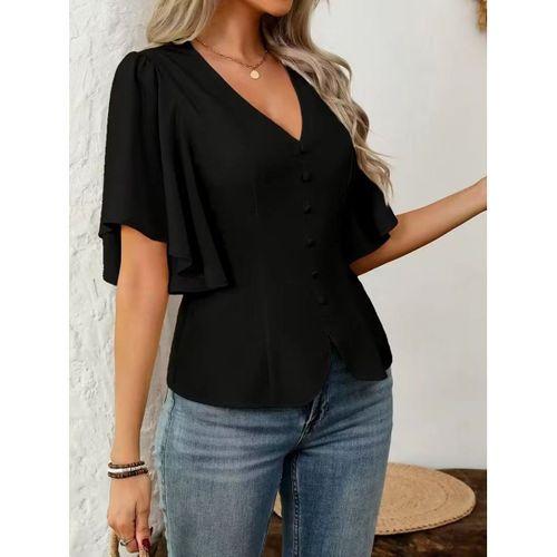 Kadın Kısa Kollu önden Düğmeli Ithal Krep Bluz