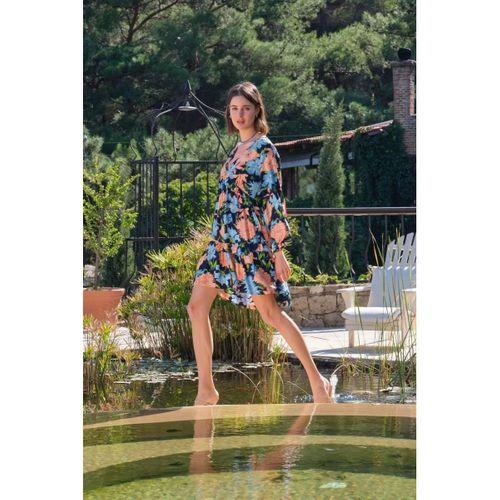 Viskon Çiçek Ve Yaprak Desenli Uzun Kollu Elbise