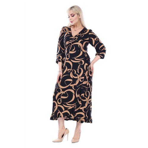 Melsay Butik Kruvaze Yaka Taba Dalga Desen Anvelop Midi Elbise