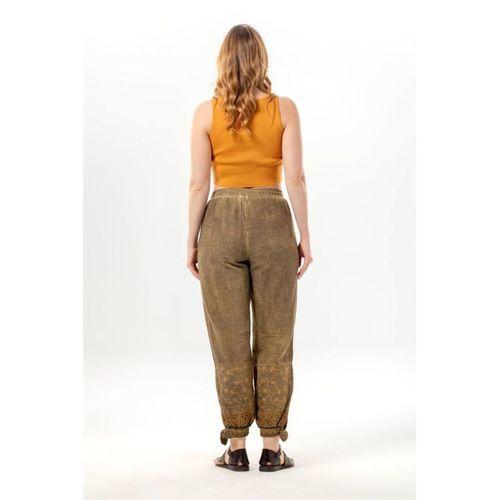 Beli Lastikli İnka Bilekten Bağlamalı Otantik Nakışlı Kadın Poplin Pantolon Toprak Tprk