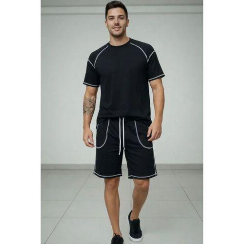 Erkek Spor Tişört Şort Takım Kontrast Dikiş Detaylı Ovarsize Rahat Kalıp - Siyah