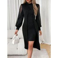 Kadın Uzun Kollu Yarı Balıkçı Yaka Tül Ve Inci Detaylı Kısa Ithal Krep Midi Elbise