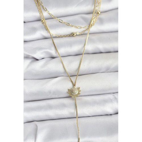 Pirinç Gold Renk Zirkon Taşlı Güneş Model Detaylı 3'lü Kombin Y Kadın Kolye